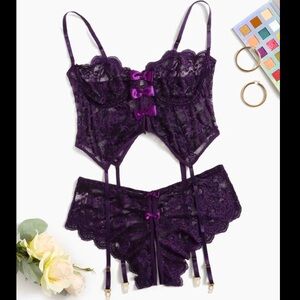 SHEIN Sexy Floral Lace Deep Purple Bows Lingerie Set Garter Straps Crotchless